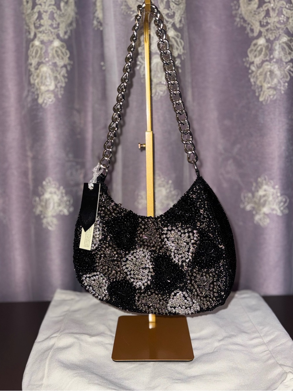 NWT Hand Beaded Silver Heart Crescent Shoulder Bag - Chunky Chain Strap